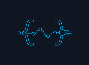 AI-first software delivery represented by code brackets and a connected workflow